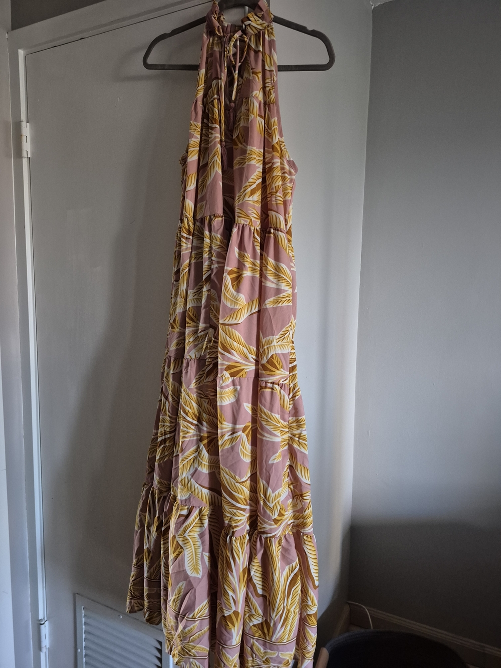 Pink Maxi Dress with Yellow Leaf Print